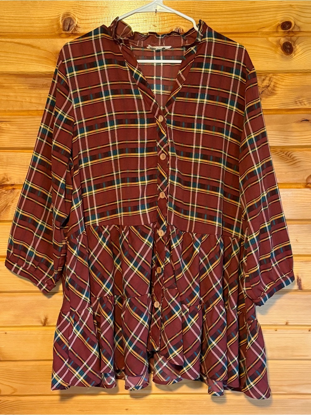 Entro Burgundy Plaid Ruffle Collar Button-Front Midi Dress